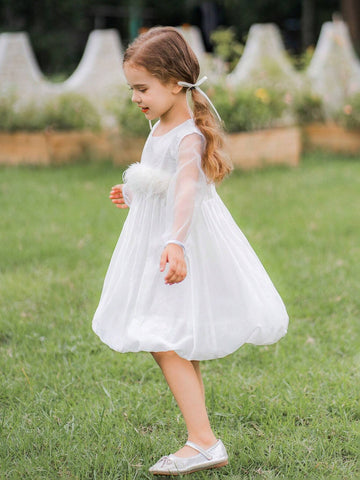 Girls' Feather Long Sleeve Tulle Flower Dress