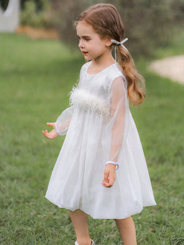 Girls' Feather Long Sleeve Tulle Flower Dress