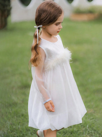 Girls' Feather Long Sleeve Tulle Flower Dress