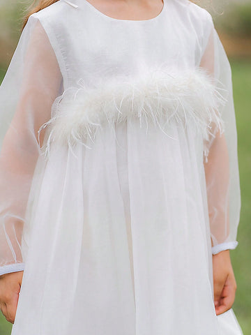 Girls' Feather Long Sleeve Tulle Flower Dress