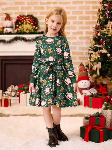 Girls Fitted Long Sleeve A-Line Christmas Dress, Cute Snowman, Snowflake, Santa Claus, Reindeer Asymmetrical Print, Cozy, Elegant, Round Neck Pullover Dress