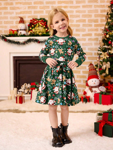 Girls Fitted Long Sleeve A-Line Christmas Dress, Cute Snowman, Snowflake, Santa Claus, Reindeer Asymmetrical Print, Cozy, Elegant, Round Neck Pullover Dress