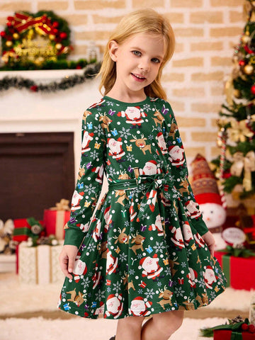Girls Fitted Long Sleeve A-Line Christmas Dress, Cute Snowman, Snowflake, Santa Claus, Reindeer Asymmetrical Print, Cozy, Elegant, Round Neck Pullover Dress