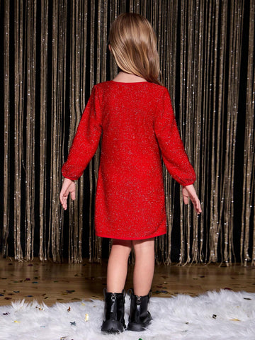 Girls Fitted V-Neck Long Sleeve Mini Dress, Elegant Festive Red Christmas Holiday Party Fashion High-End Design