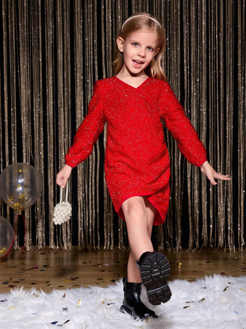 Girls Fitted V-Neck Long Sleeve Mini Dress, Elegant Festive Red Christmas Holiday Party Fashion High-End Design