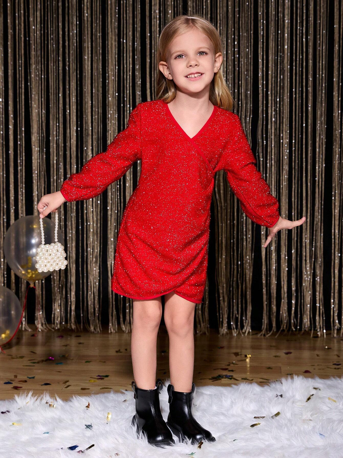 Girls Fitted V-Neck Long Sleeve Mini Dress, Elegant Festive Red Christmas Holiday Party Fashion High-End Design