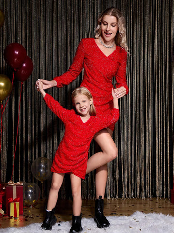 Girls Fitted V-Neck Long Sleeve Mini Dress, Elegant Festive Red Christmas Holiday Party Fashion High-End Design