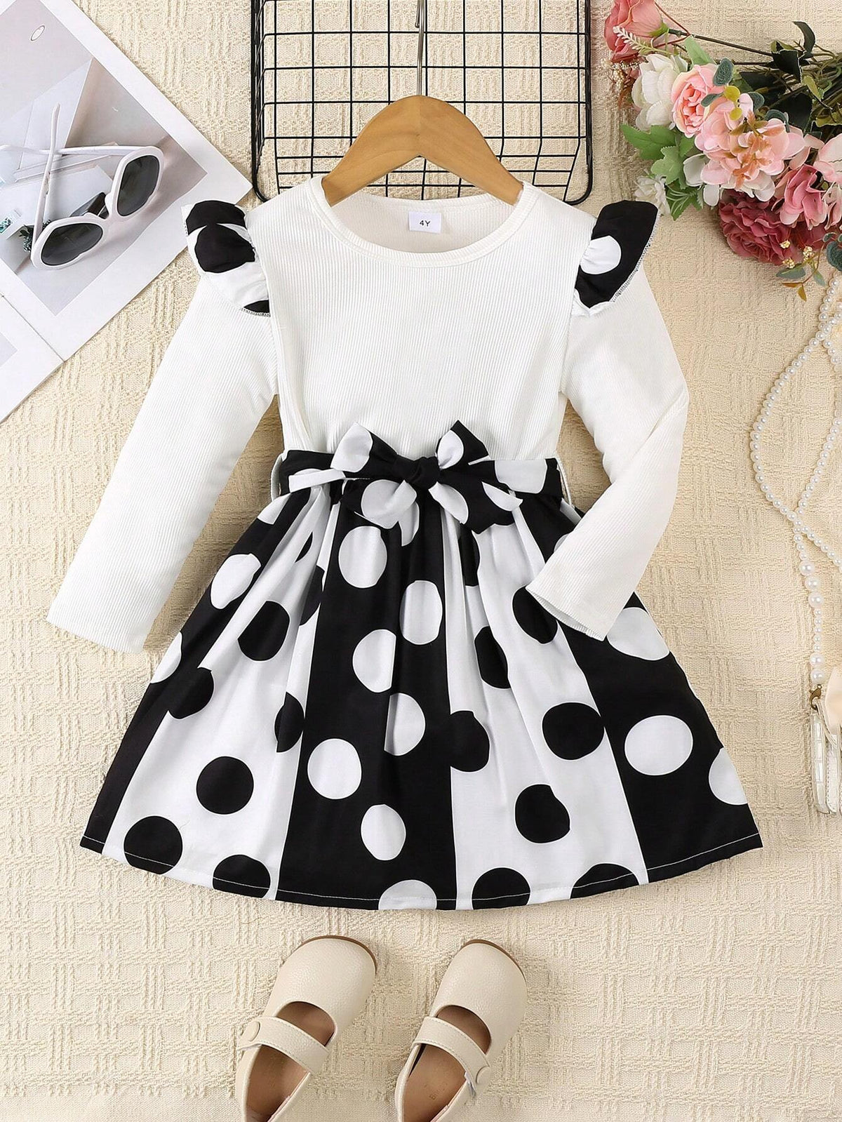 Girls Flare Sleeve Dot Pattern Belted Party Dress, Casual And Fashionable, Suitable For Autumn/Winter