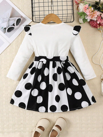 Girls Flare Sleeve Dot Pattern Belted Party Dress, Casual And Fashionable, Suitable For Autumn/Winter
