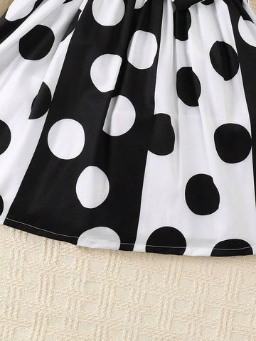Girls Flare Sleeve Dot Pattern Belted Party Dress, Casual And Fashionable, Suitable For Autumn/Winter