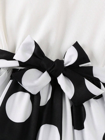 Girls Flare Sleeve Dot Pattern Belted Party Dress, Casual And Fashionable, Suitable For Autumn/Winter
