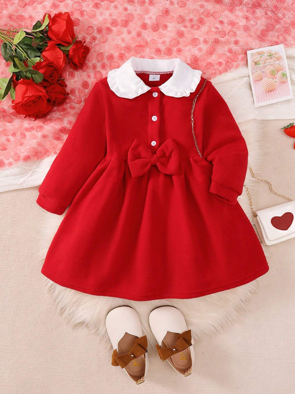 Girls Fleece Lined Long Sleeve Dress Patchwork Ruffle Collar Half-Open Cardigan Single-Face Wool Girl Dress