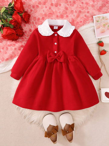 Girls Fleece Lined Long Sleeve Dress Patchwork Ruffle Collar Half-Open Cardigan Single-Face Wool Girl Dress
