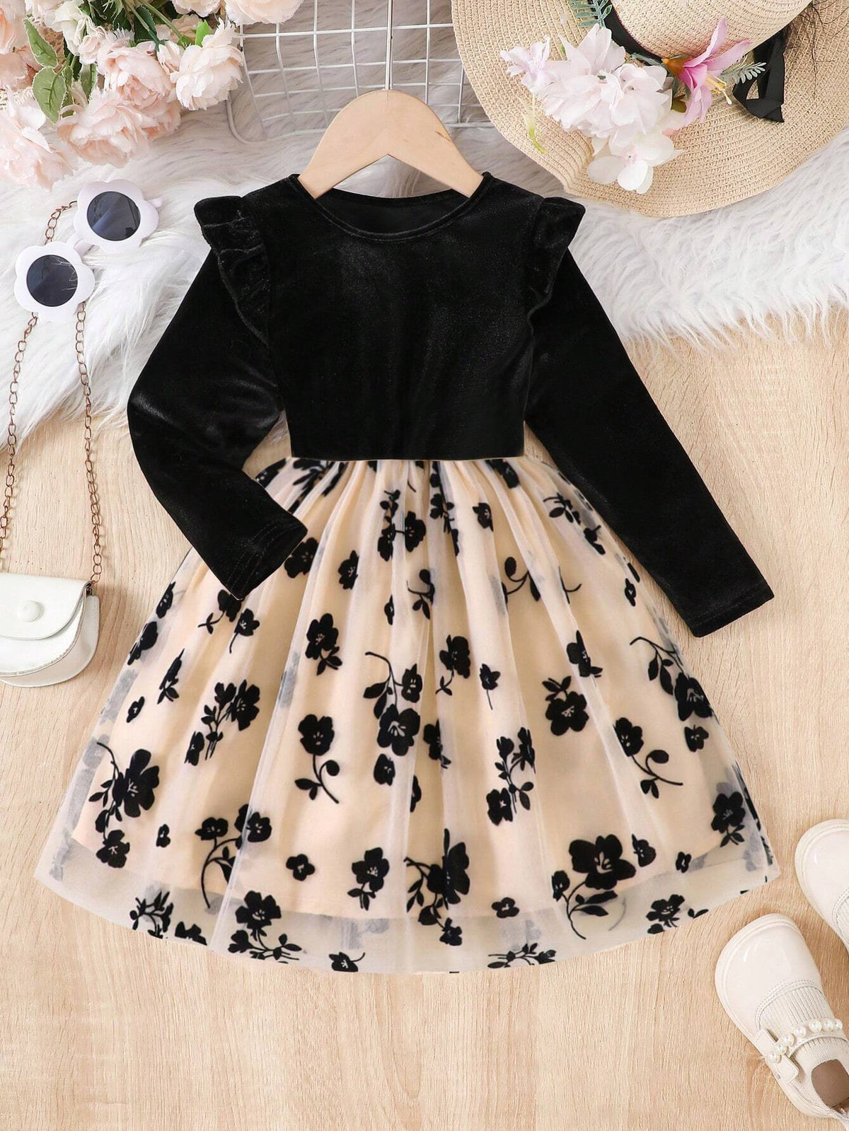 Girls Flocked Long Sleeve Floral Print Mesh Dress, Fashion Casual Dress, Party Gift Cocktail Dress