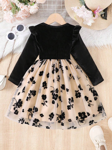 Girls Flocked Long Sleeve Floral Print Mesh Dress, Fashion Casual Dress, Party Gift Cocktail Dress