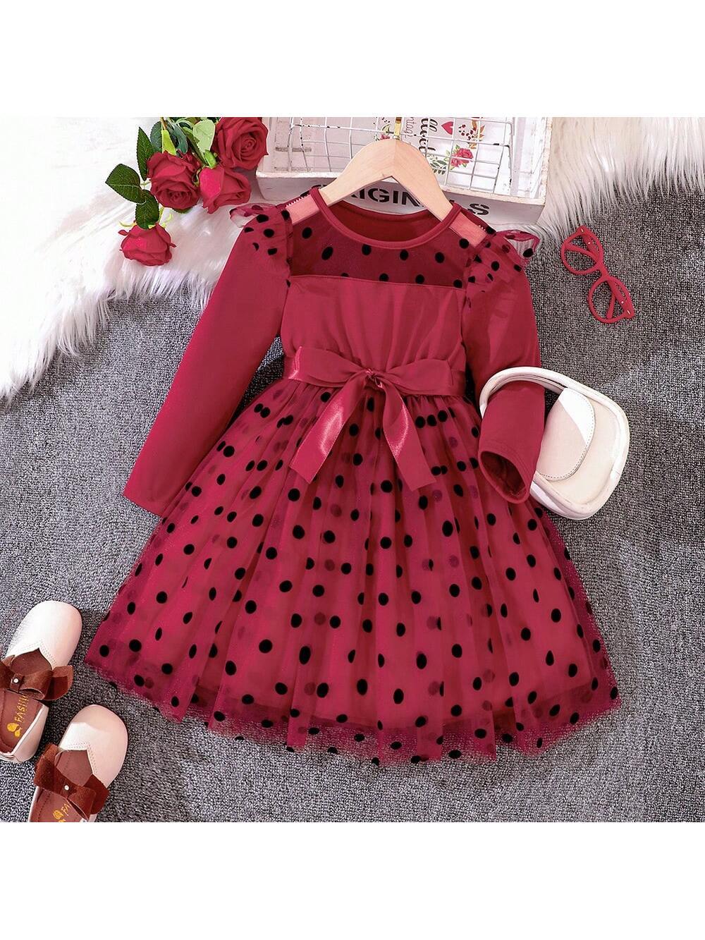 Girls Flocked & Mesh Polka Dot Princess Dress, Autumn/Winter