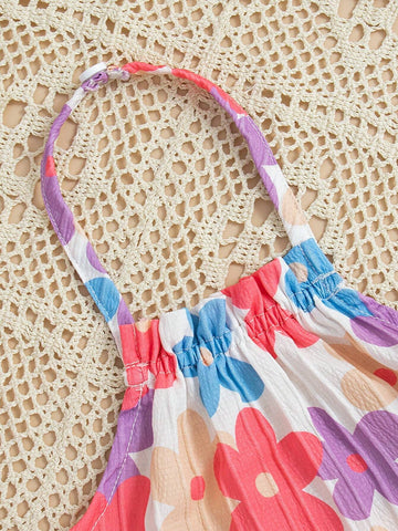 Girls' Floral Allover Print Halter Neck Summer Dress