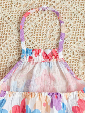 Girls' Floral Allover Print Halter Neck Summer Dress