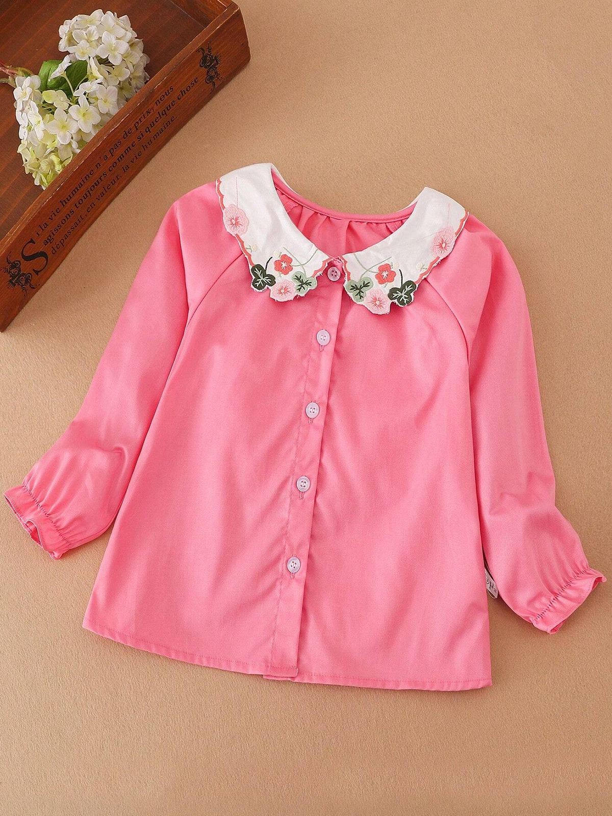 Girl's Floral Embroidered Collared Long Sleeve Thin Blouse, Autumn