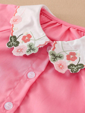 Girl's Floral Embroidered Collared Long Sleeve Thin Blouse, Autumn