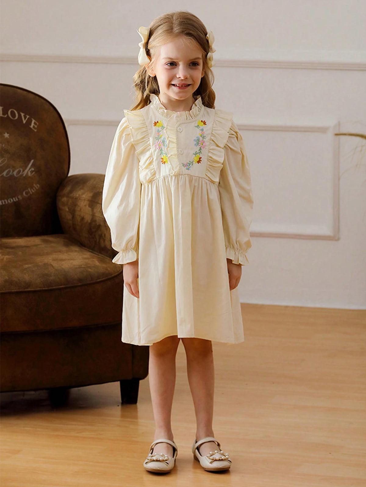 Girls Floral Embroidered Stand Collar Long Sleeve Dress With Ruffle Hem, Sweet Princess Style For Autumn