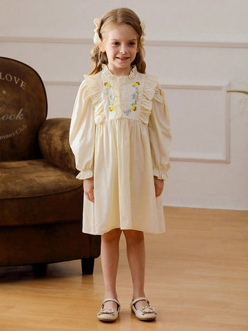Girls Floral Embroidered Stand Collar Long Sleeve Dress With Ruffle Hem, Sweet Princess Style For Autumn