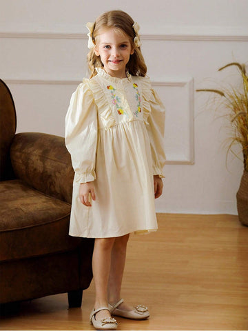 Girls Floral Embroidered Stand Collar Long Sleeve Dress With Ruffle Hem, Sweet Princess Style For Autumn