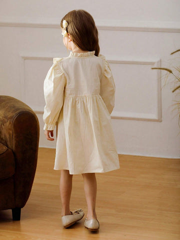Girls Floral Embroidered Stand Collar Long Sleeve Dress With Ruffle Hem, Sweet Princess Style For Autumn