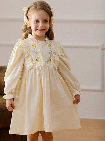 Girls Floral Embroidered Stand Collar Long Sleeve Dress With Ruffle Hem, Sweet Princess Style For Autumn