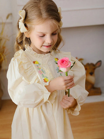 Girls Floral Embroidered Stand Collar Long Sleeve Dress With Ruffle Hem, Sweet Princess Style For Autumn