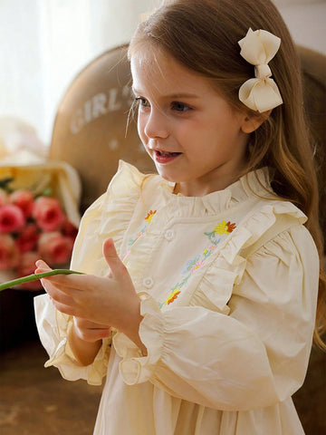 Girls Floral Embroidered Stand Collar Long Sleeve Dress With Ruffle Hem, Sweet Princess Style For Autumn