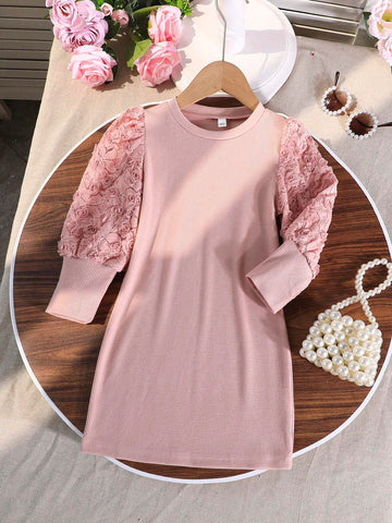 Girls Floral Embroidery Casual Long Sleeve Solid Color Dress, Age 3-7 Years, Spring & Autumn