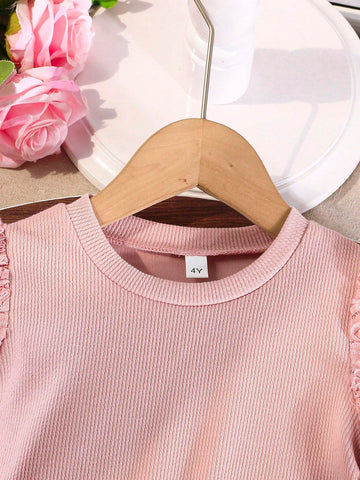 Girls Floral Embroidery Casual Long Sleeve Solid Color Dress, Age 3-7 Years, Spring & Autumn