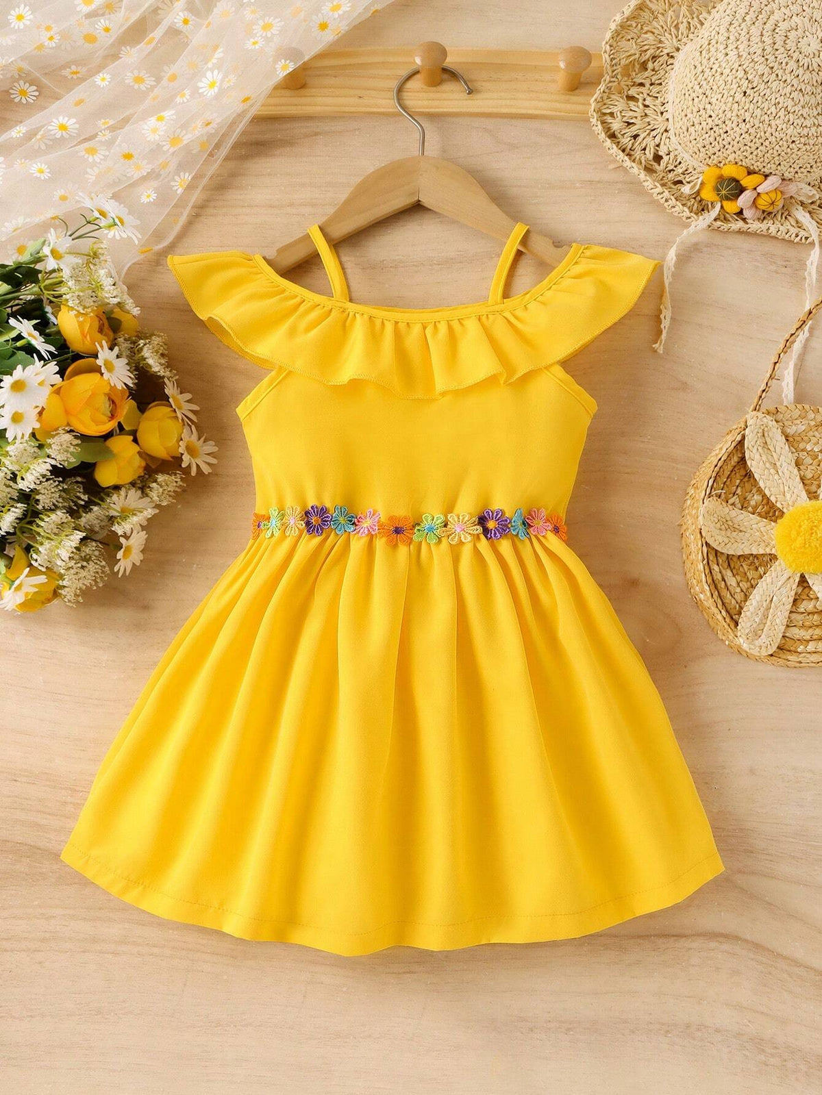 Girls' Floral Embroidery Ruffled Hem Dress For Children