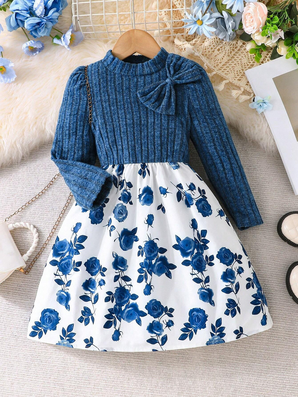 Girls Floral Knitted Puff Sleeve Crop Top And Polka Dot Print Splicing Princess Dress, Blue, For Autumn & Winter