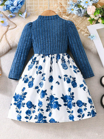 Girls Floral Knitted Puff Sleeve Crop Top And Polka Dot Print Splicing Princess Dress, Blue, For Autumn & Winter