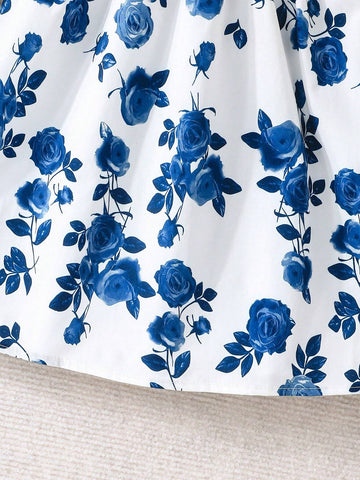 Girls Floral Knitted Puff Sleeve Crop Top And Polka Dot Print Splicing Princess Dress, Blue, For Autumn & Winter