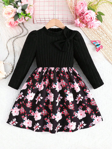 Girls Floral Knitted Puff Sleeve Top With Ruffle Hem & Floral Pattern Dress, Blue, Young Girl, Autumn/Winter