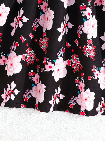 Girls Floral Knitted Puff Sleeve Top With Ruffle Hem & Floral Pattern Dress, Blue, Young Girl, Autumn/Winter