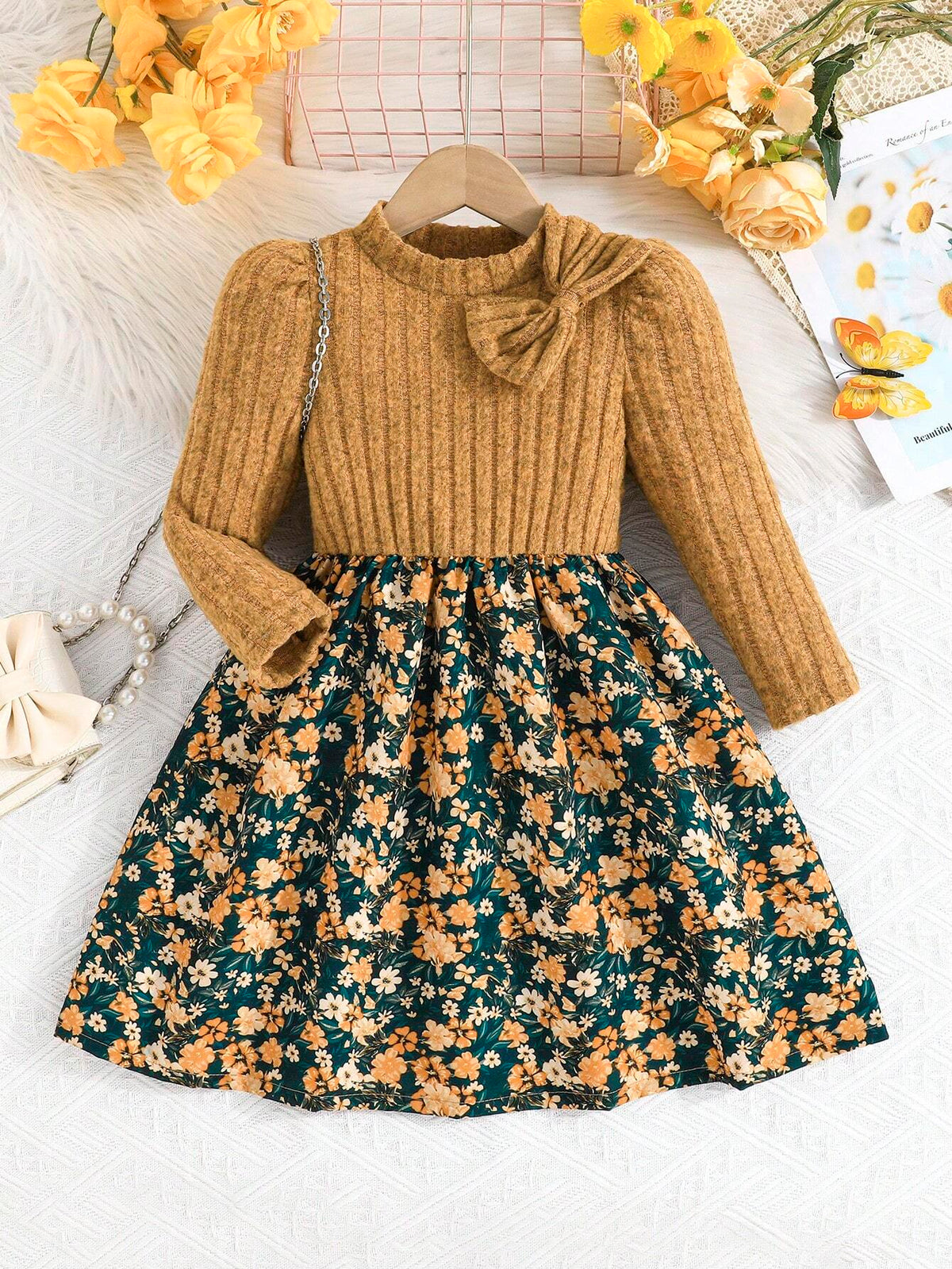 Girls Floral Knitted Puff Sleeve Top With Splicing Ditsy Floral Dress, Elegant, Slim Fit, Blue, Young Girl Autumn/Winter