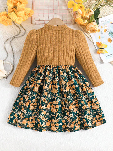Girls Floral Knitted Puff Sleeve Top With Splicing Ditsy Floral Dress, Elegant, Slim Fit, Blue, Young Girl Autumn/Winter