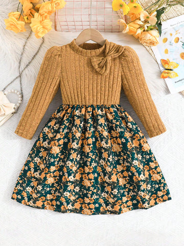 Girls Floral Knitted Puff Sleeve Top With Splicing Ditsy Floral Dress, Elegant, Slim Fit, Blue, Young Girl Autumn/Winter