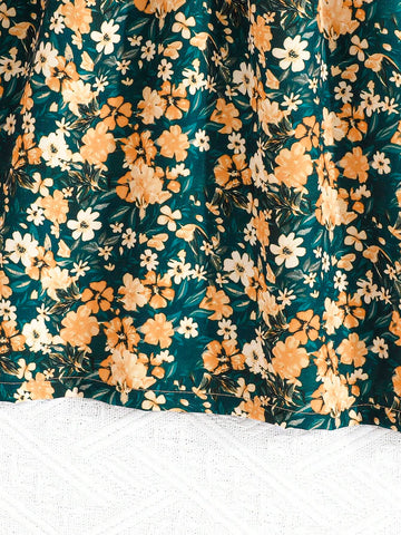 Girls Floral Knitted Puff Sleeve Top With Splicing Ditsy Floral Dress, Elegant, Slim Fit, Blue, Young Girl Autumn/Winter