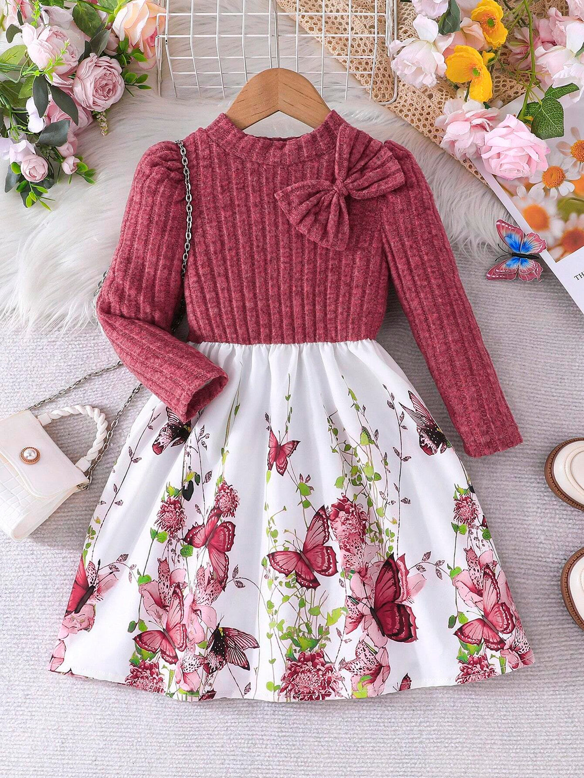 Girls Floral Knitted Ruffled Dress With Puff Sleeves, Elegant Flower Print Patchwork Princess Long Dress, Autumn/Winter Collection
