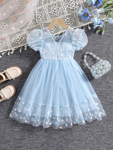 Girls Floral Mesh Patchwork Princess Dress With Round Neck & Lantern Sleeve, Cute And Elegant Summer Dress