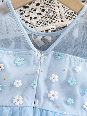 Girls Floral Mesh Patchwork Princess Dress With Round Neck & Lantern Sleeve, Cute And Elegant Summer Dress
