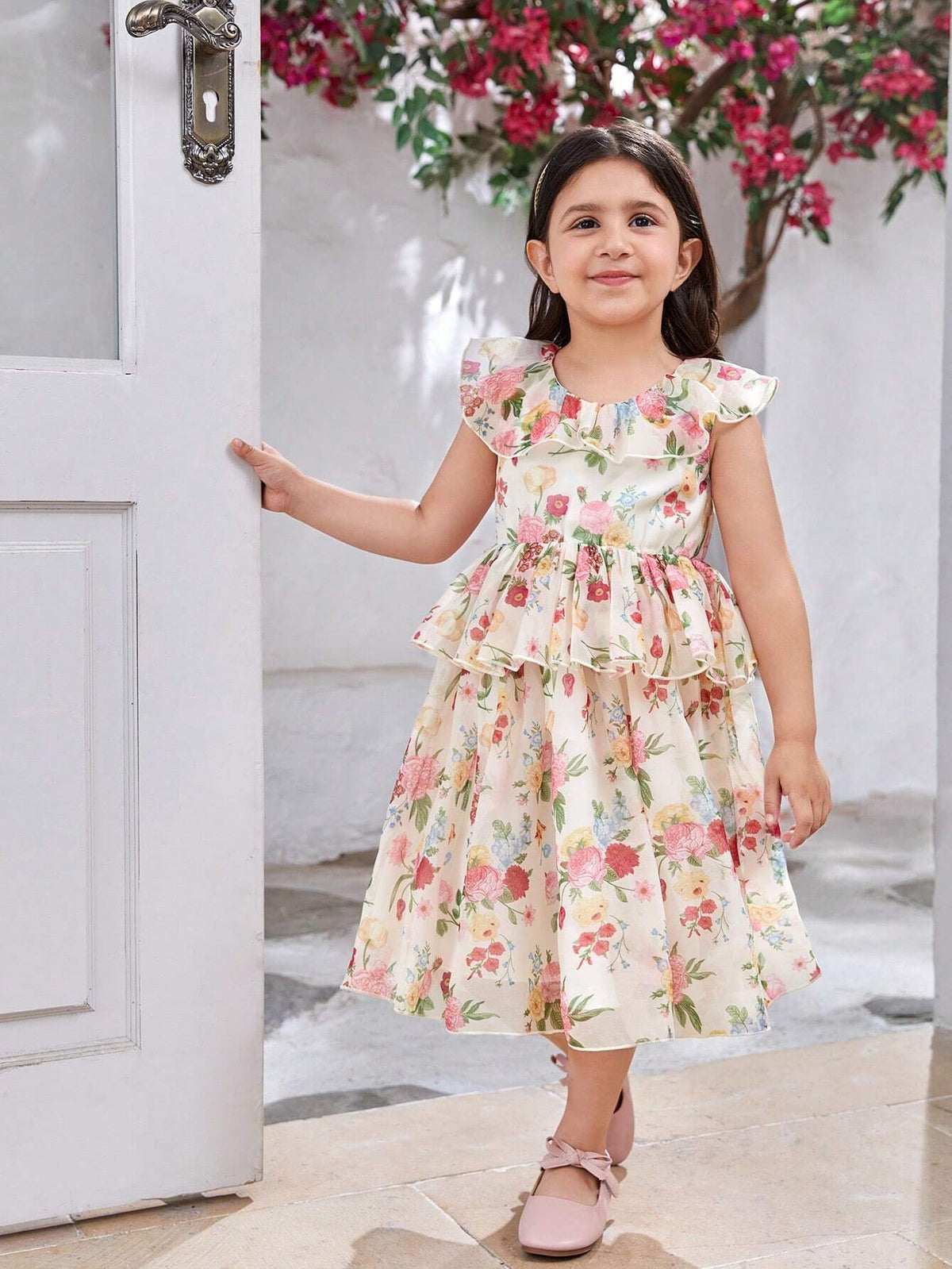 Girls' Floral Patchwork Princess Dress, Mid-Length, Formal Dress For Flower Girl