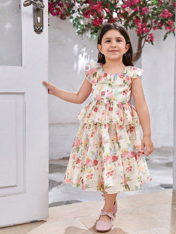 Girls' Floral Patchwork Princess Dress, Mid-Length, Formal Dress For Flower Girl