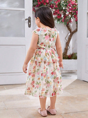 Girls' Floral Patchwork Princess Dress, Mid-Length, Formal Dress For Flower Girl