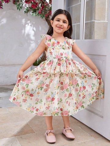 Girls' Floral Patchwork Princess Dress, Mid-Length, Formal Dress For Flower Girl